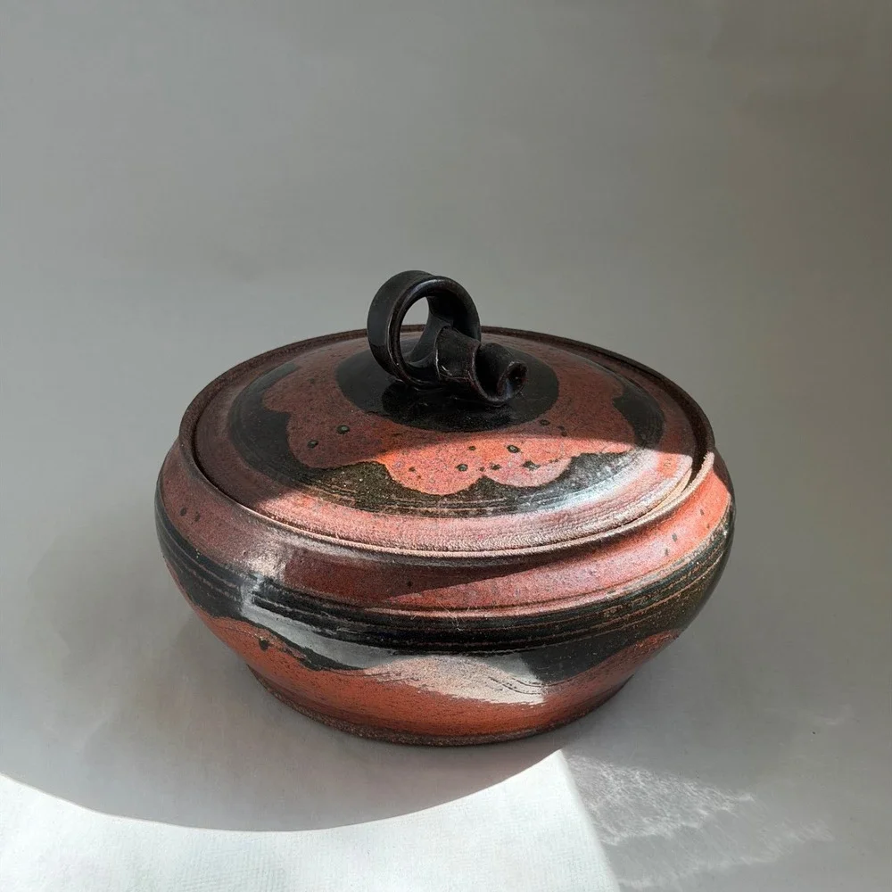 Studio‎ Pottery Lidded Bowl, Hand Thrown Rust Copper Black Glaze, Ceramic Vessel